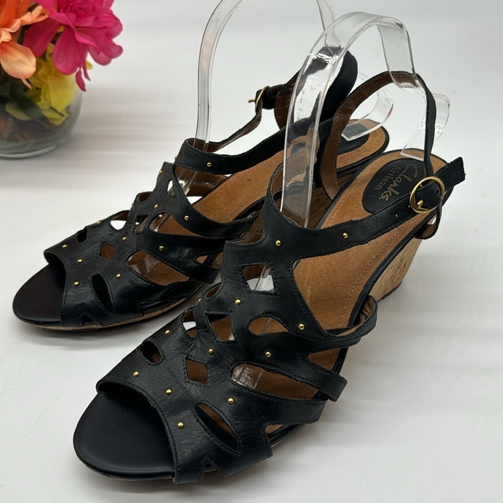 Clarks Artisan Black Leather Cork Sandal Size 11 BHE6032